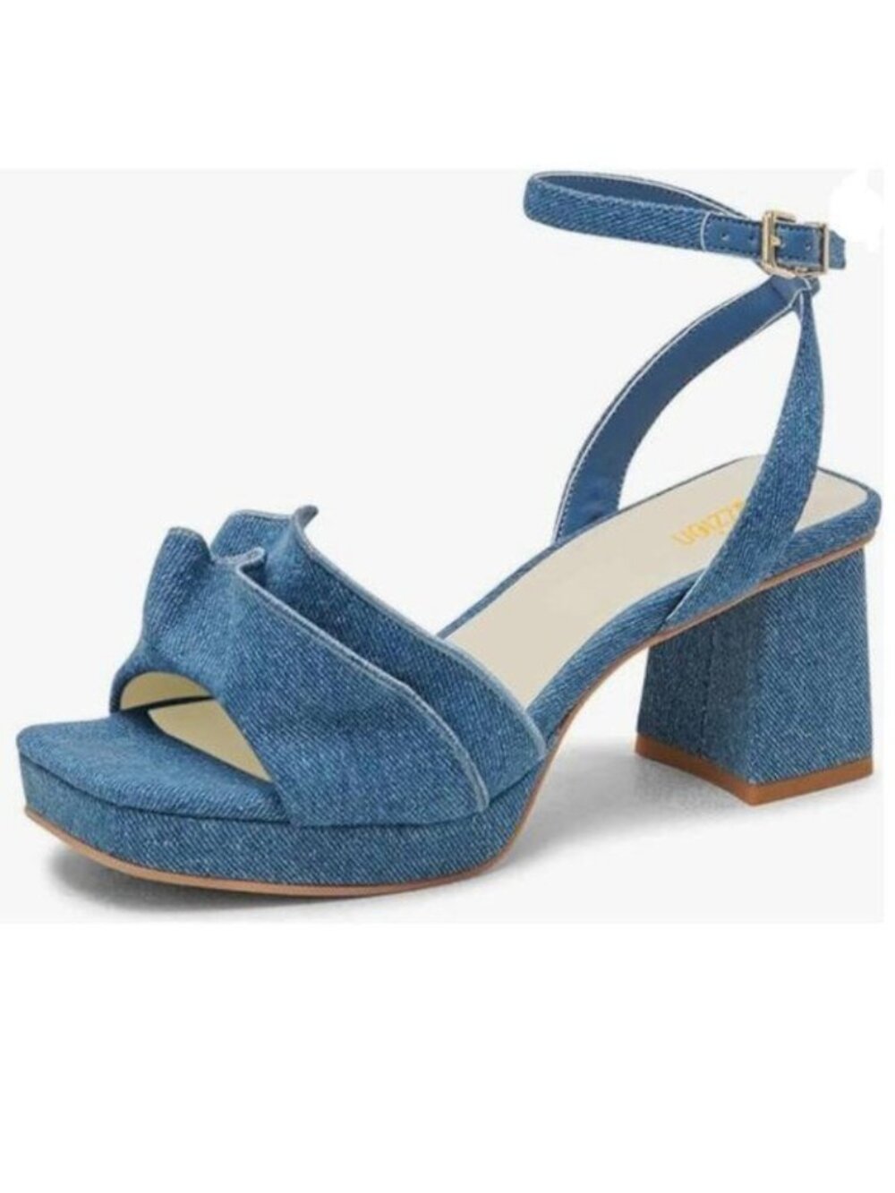 Pazzion Blue Platform Square Toe Pleated Ruffle Chunky High Heels Strap Sandals